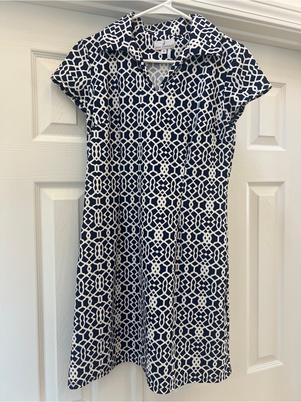 Jude Connally Geometric Lattice Print Dress - Navy & White - Size Small